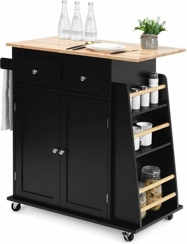 GOPLUS Kücheninsel mit Rollen, Servierwagen mit 2 Schubladen, 3-stöckigem Gewürzregal, Handtuchhalter Schrank, Gummiholz...