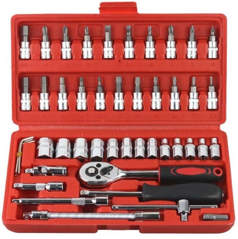 46-teiliger Steckschlüsselsatz mit 1/4-Zoll-Antrieb, Ratschenschlüsselsatz mit metrischen Stecknüssen und Verlängerungss...