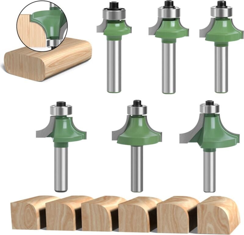 Thumbnail - 6er-Set Holzfräser 8 mm, Viertelrundfräser mit 8 mm Schaft, Holzfräser, abgerundeter Nutfräser für Holzbearbeitung - Sol...