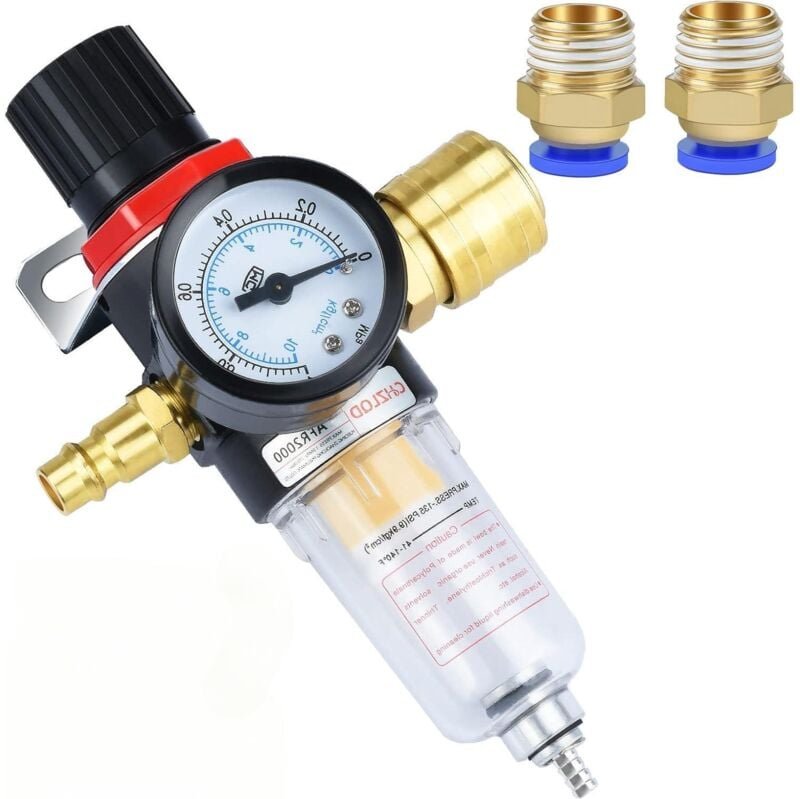 Druckluftregler, Luftfilter, 1/4 bps Druckregler mit Wasserabscheider, deutsche Schnellkupplungen und Manometer
