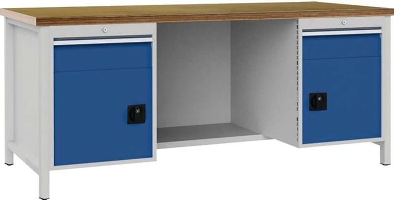 BEDRUNKA+HIRTH Werkbank grau lichtgrau B2000xH859xT750mm Buche Multiplex 40mm 2 Schubl.2 Türen - 03.19.22AV 7035/7016