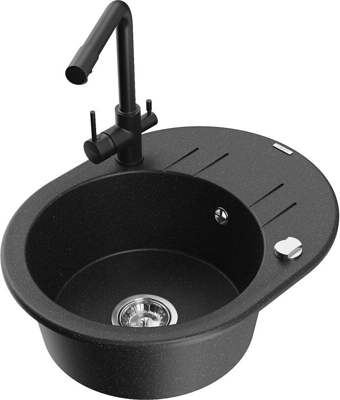 Mexen Kevin 1 Becken-Granitspüle mit Abtropffläche und Mischbatterie Duero, Schwarz/Silbermetallic - 6517-73-671600-70