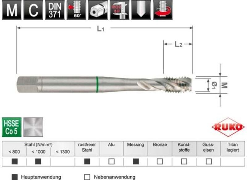 RUKO Maschinengewindebohrer M DIN 371 HSS Co 5 M 3