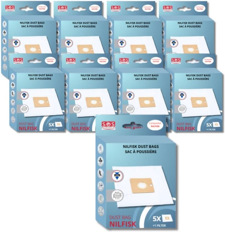 Ersatzteil - SOS Accessoire Lot de 9 boîtes de 5 sacs avec 1 pre filtre COUPE/COMPACT/GO/FORCE pour Aspirateur NILFISK 7...