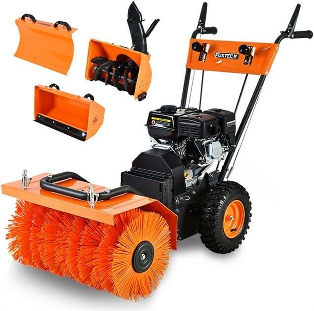 Benzin Kehrmaschine FX-KM196 mit Kehrbesen und 196cc Hubraum inklusive Schneeschieber,Schneefräsenaufsatz und Kehrgutsam...