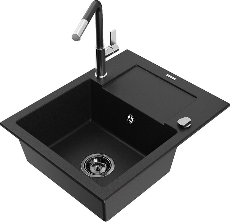 Enzo 1 Becken-Granitspüle mit Abtropffläche und Mischbatterie Flora, Schwarz - 6506-77-670401- - Mexen