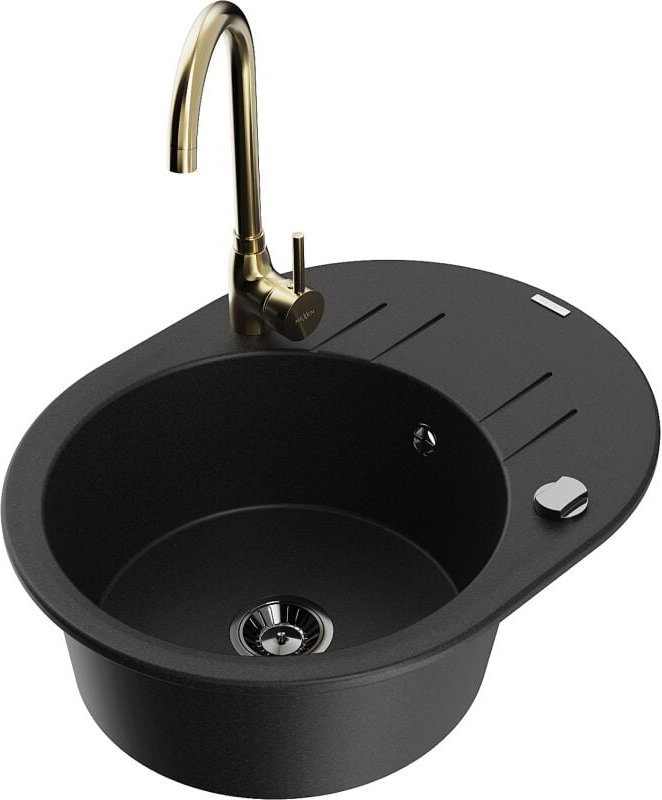 Kevin 1 Becken-Granitspüle mit Abtropffl√§che und Mischbatterie Telma, Schwarz - 6517-77-670200-50-B - Mexen