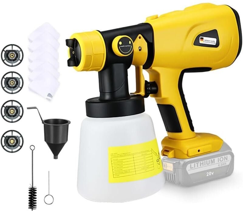 Farbspritzpistole, Akku-Sprühsystem kompatibel mit Dewalt 18V mit Reinigungs- und Blasarmaturen, 4 Kupferdüsen und 3 Mus...