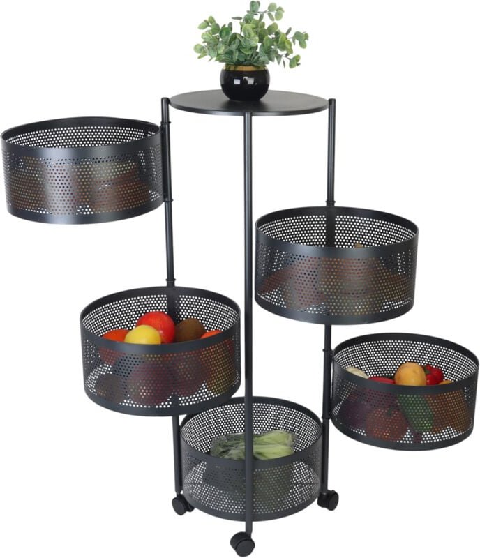 Küchenwagen, 5 drehbare Fächer, HxD: 90 x 34 cm, Metall, 2 Bremsen, Rollwagen Küche & Bad, Rollregal, schwarz - Relaxday...