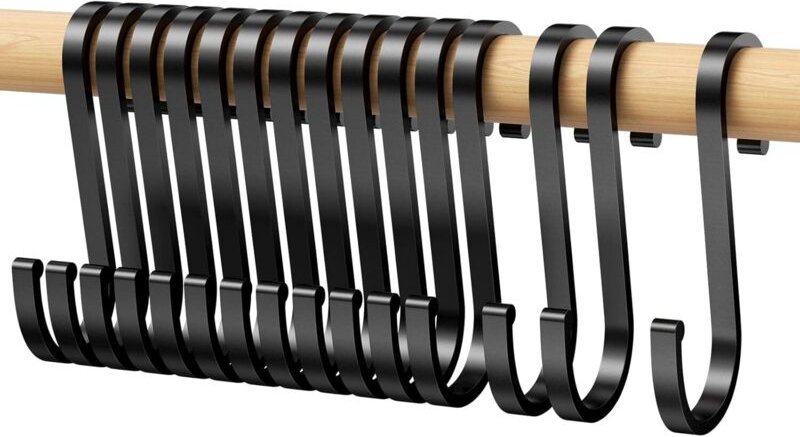 15 Stück S-Haken, schwarze flache S-Haken mit Sicherheitsschlaufe, Aluminiumhaken, Metall-Aufhängehaken für Küche, Bad, ...