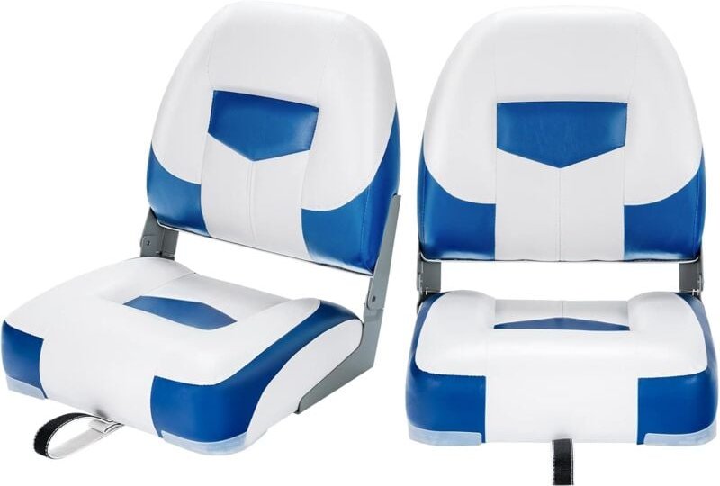 COSTWAY 2er Bootssitze Set Bootsstuhl klappbar, Steuerstuhl Klappsitz mit Befestigungsgurt blau und weiss 50x42x52cm
