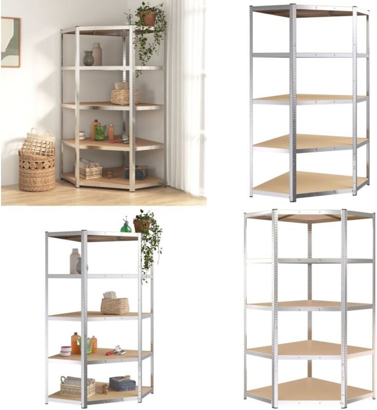 Eck-Schwerlastregal 5 Böden Silbern Stahl & Holzwerkstoff - Eckregal - Schwerlastregal - Industrieregale - Metallregal -...