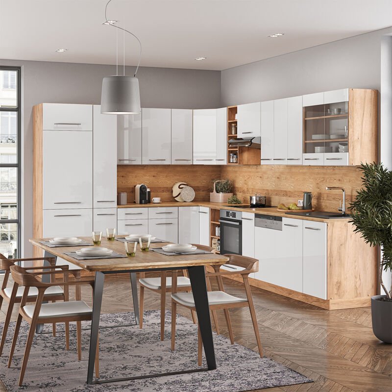 Eckküche Fame-Line, Weiß Hochglanz/Goldkraft Eiche, 347 x 257 cm ohne Arbeitsplatte, Vicco
