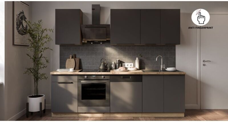 Küche ARIA K-AR Basic 250 cm Anti Fingerprint Küchenzeile Küchenblock Singleküche EinbaukücheGRAPHITE - AFM