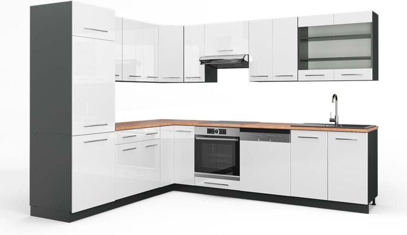 Vicco - Küchenschränke Fame-Line, Weiß Hochglanz/Anthrazit, 227 x 287 cm , ap Eiche