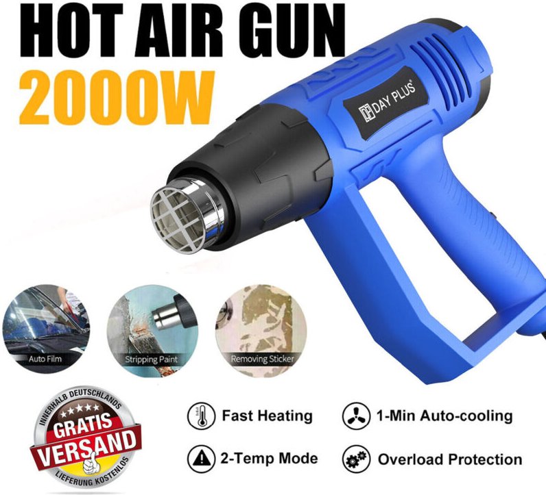 Heissluftfön Heißluftpistole Heissluftgebläse inkl. 4x Zubehör 2000W 2 Stufen