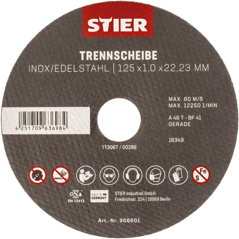 STIER Trennscheibe Edelstahl 125 x 1,0 x 22,23 mm, Form gerade 5 Stk