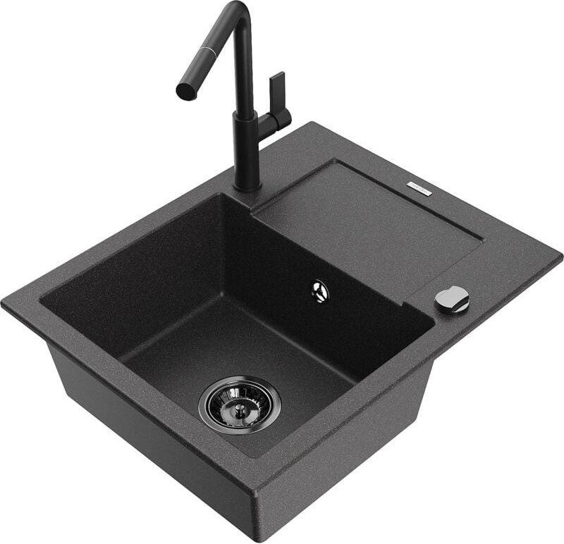 Enzo 1 Becken-Granitspüle mit Abtropffläche und Mischbatterie Flora, Schwarz gesprenkelt - 650 - Mexen