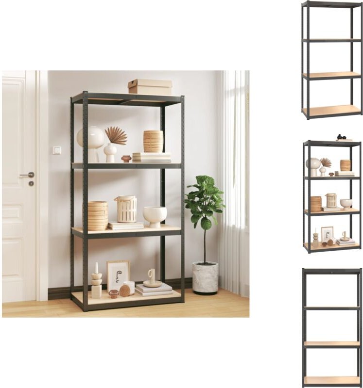 Lagerregal mit 4 Böden Anthrazit Stahl & Holzwerkstoff - Lagerregal - Industrielles Regal - Metallregal - Holzkasten - A...