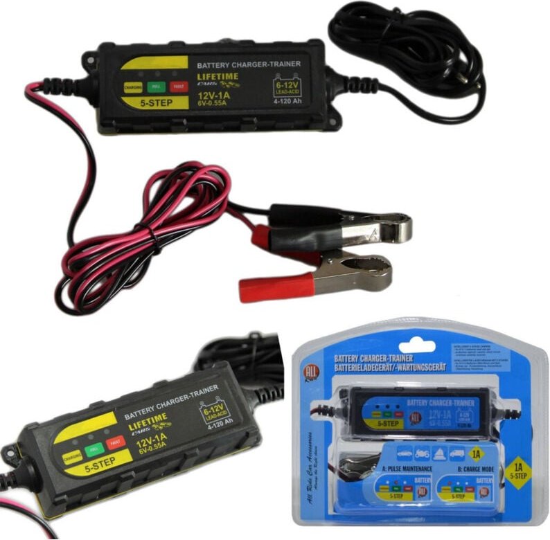 Trade Shop - Ladegerät mit Erhaltungsklemmen für Auto-Motorradbatterien, 5 Stufen, Notfall, 1 A, 12 V -