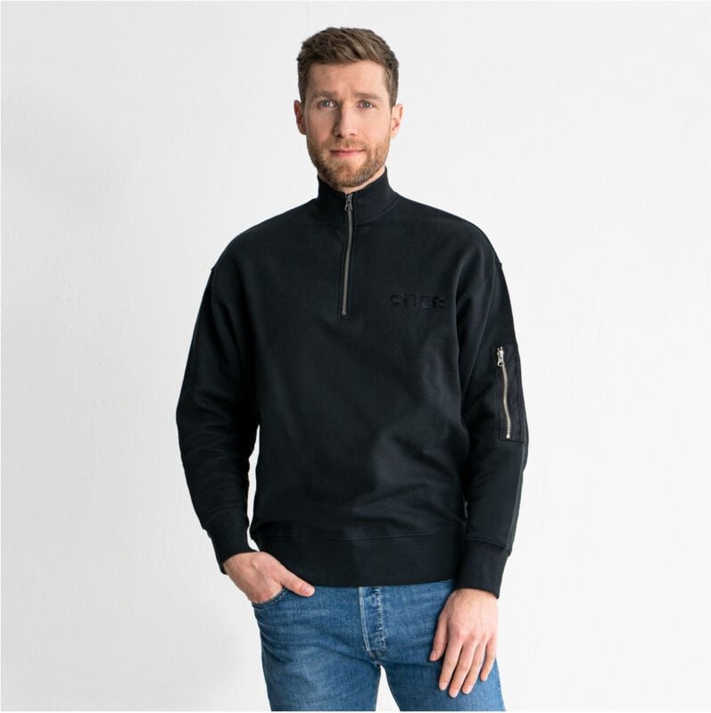 Oversized Zip Sweater Functional Pocket organic cotton m Black - Stier