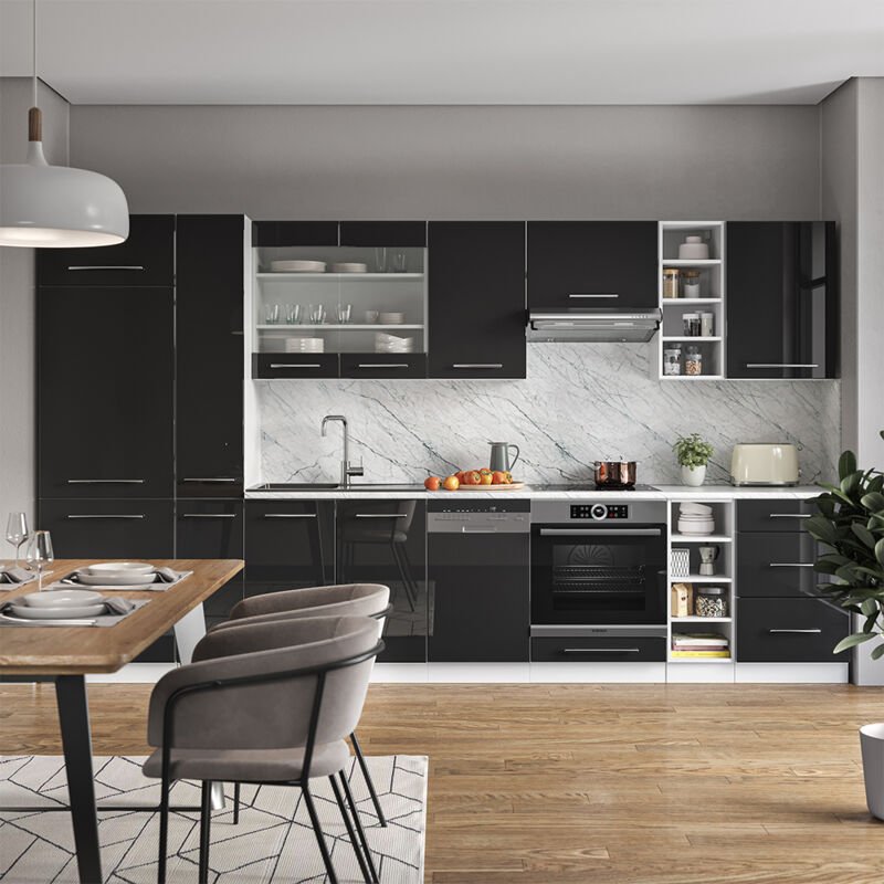 Küchenzeile Fame-Line, Anthrazit Hochglanz/Weiß, 355 cm , AP Eiche, Vicco
