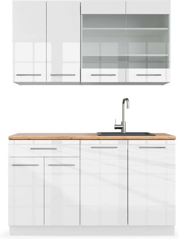 Vicco - Singleküche Fame-Line, Weiß Hochglanz/Weiß, 140 cm , ap Eiche