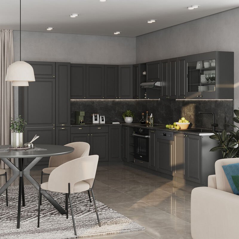 Eckküche Fame-Line, Anthrazit-Gold Landhaus, 347 x 60 cm , AP Marmor, Vicco