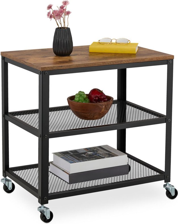 Rollwagen, 3 Ablagen, Industrial Design, hbt: 61x60x40 cm, Küchenwagen mit Rollen, Stahl & mdf, schwarz/braun - Relaxday...