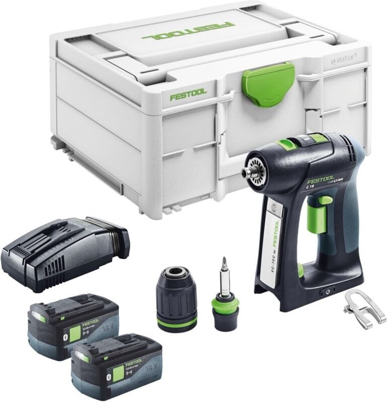 Festool C 18 Basic Akku Bohrschrauber 18 V 45 Nm Brushless + 2x Akku 5,0 Ah + Schnellladegerät + Systainer