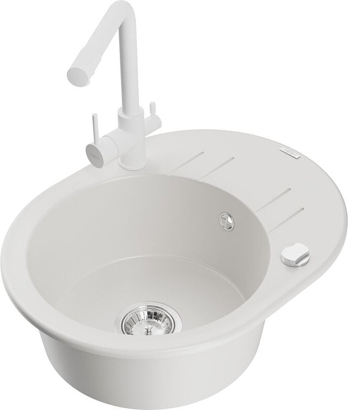 Mexen Kevin 1 Becken-Granitspüle mit Abtropffläche und Mischbatterie Duero, Weiß - 6517-20-671600-20