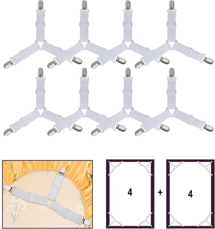 8 Stück Bettlakenverschlüsse, verstellbare, elastische Dreieck-Stützgurte für Spannbettlaken und Bettlaken, Matratzen, S...