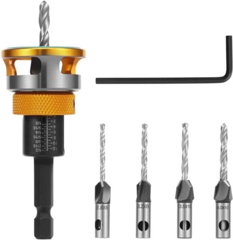 Thumbnail - Senkbohrer-Set, Senkbohrer mit einstellbarem Tiefenanschlag aus Aluminium mit 1/4-Zoll-Sechskantschaft, HSS-M2-Senkbohre...