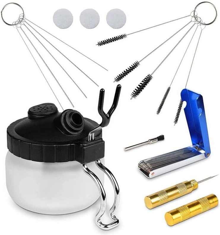 13-teiliges Airbrush-Reinigungsset – Clean Pot Glasbehälter mit Halter, Mini-Bürstenkopf