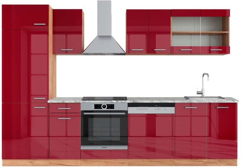 Thumbnail - Vicco - Küchenzeile R-Line, Bordeaux Hochglanz/Goldkraft Eiche, 300 cm , ap Marmor