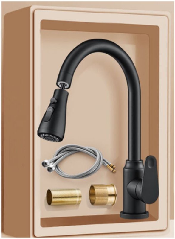 Schwarzer Küchenhahn zur Wandmontage mit 360° schwenkbarem Auslauf, 3 Modi, Edelstahl 304