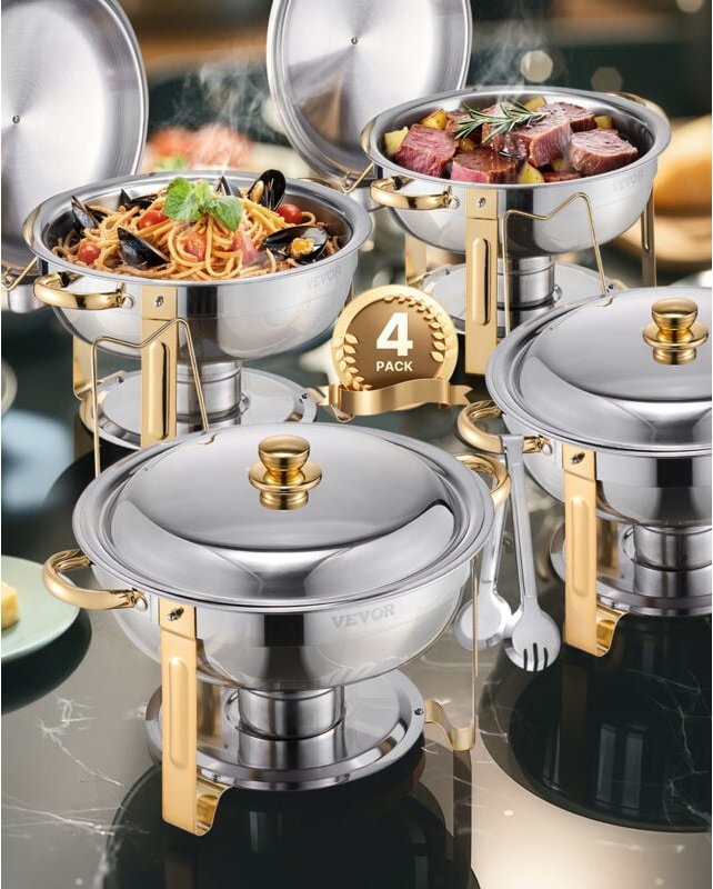 VEVOR Chafing Dish Buffet Speisenwärmer mit 4 Behältern in voller Größe (4,7 L pro), runder Catering-Wärmespender mit De...