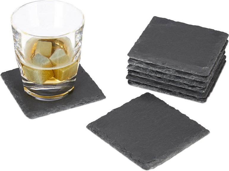 Getränkeuntersetzer Schiefer 8er Set, quadratisch 10x10 cm, pflegeleichte Untersetzer, für Gläser, grau - Relaxdays