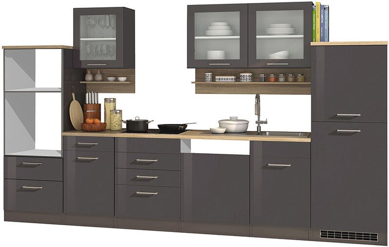 Küche 340 cm grau MARANELLO-03 Anthrazit Hochglanz, ohne E-Geräte b x h x t ca. 340 x 200 x 60cm