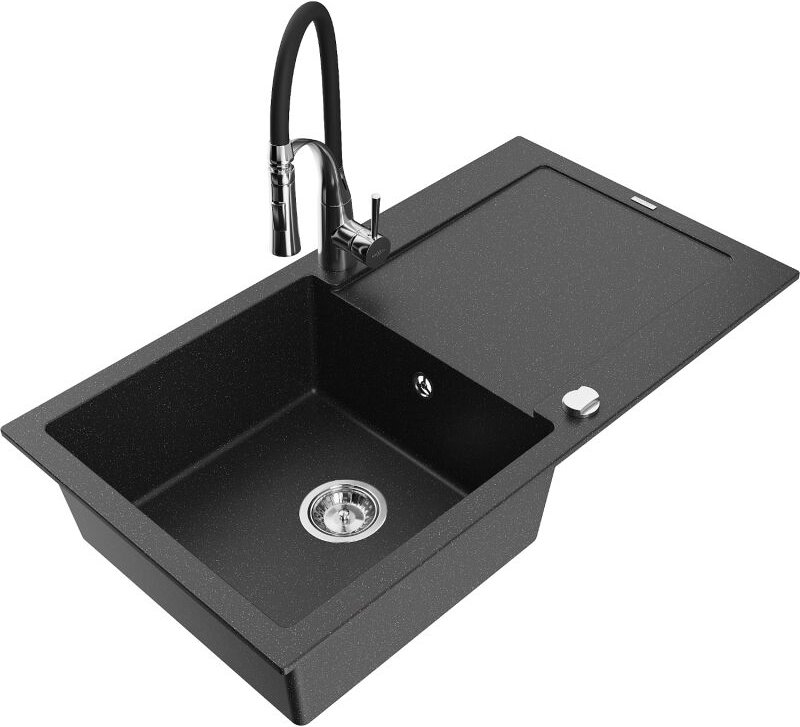 Leo 1 Becken-Granitspüle mit Abtropffl√§che und Mischbatterie Aster, Schwarz/Silbermetallic - 6501-73-73450-07 - Mexen