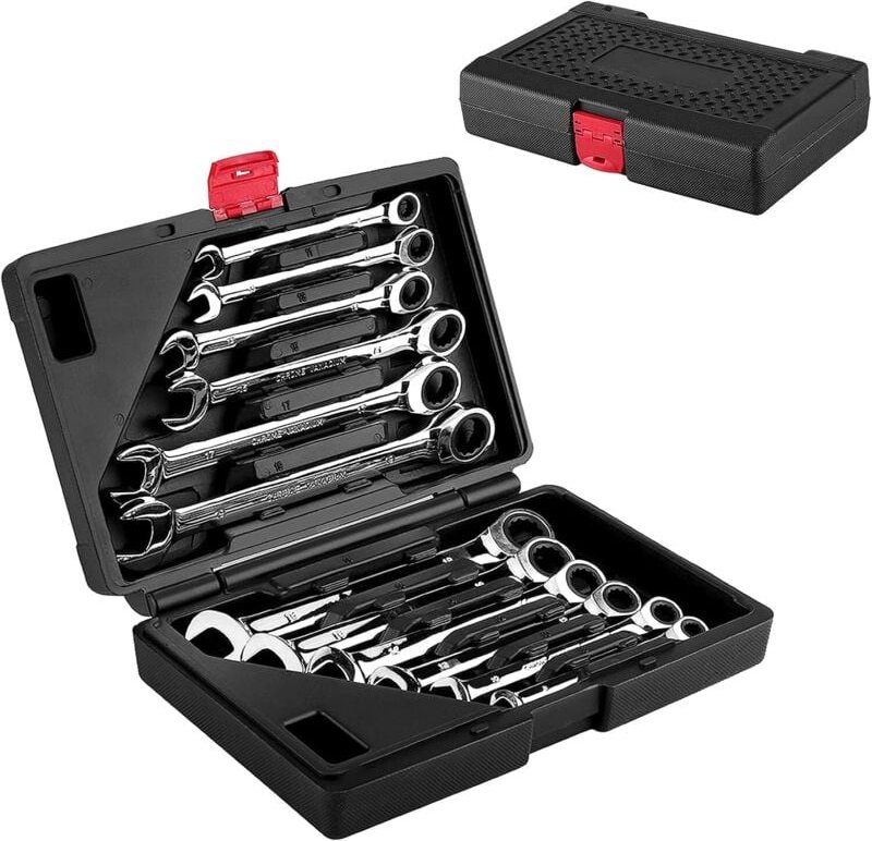 Professioneller Ratschenschlüsselsatz, 12-teiliger Ratschen-Maulschlüssel, tragbarer Handsteckschlüssel 8–19 mm mit Koff...