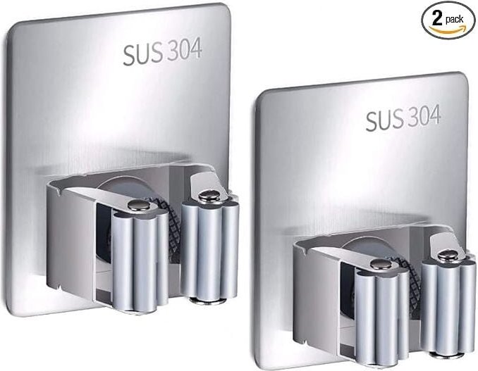 Thumbnail - Lntyq - 2er-Pack Wandbesenhalter, 304 Edelstahl, selbstklebend, für Garage, Küche, Werkzeugraum und Badezimmer.