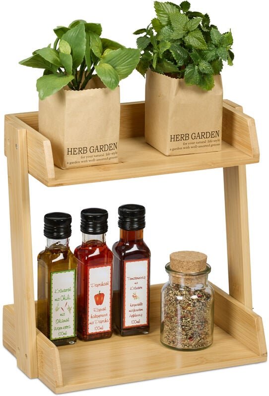 Relaxdays Gewürzregal, 2 Ebenen, Gewürzablage, Bambus, HBT: 27 x 27,5 x 16 cm, Küchenregal, Gewürzhalter stehend, natur