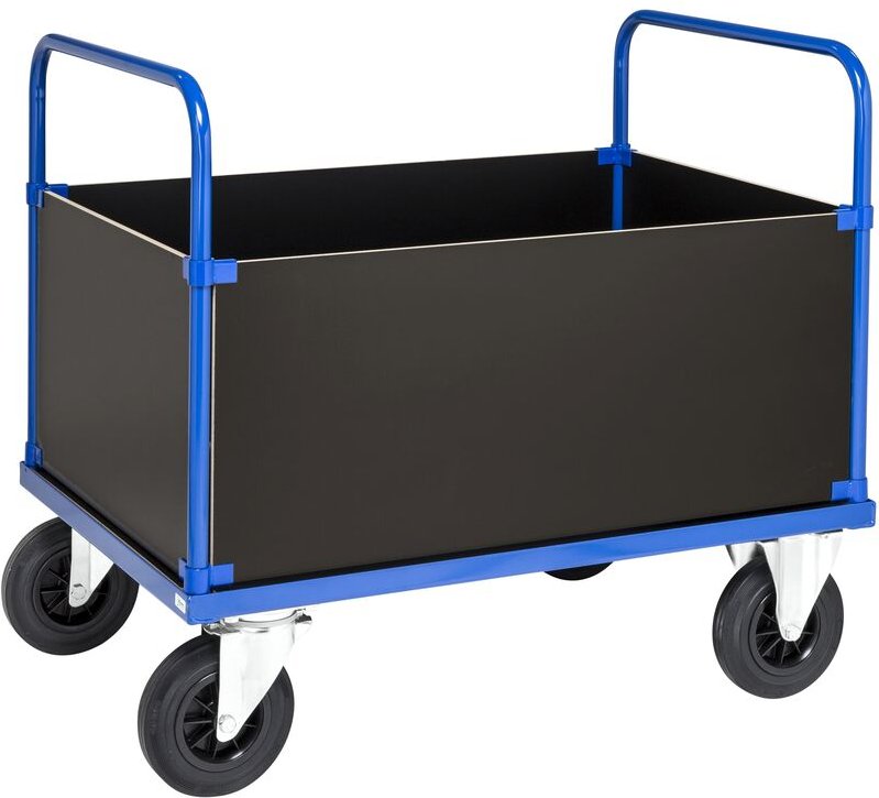 Kongamek Kastenwagen in blau 1200x800x900mm mit MDF-Platte und 4 Wänden mit Gummibereifung und Bremse
