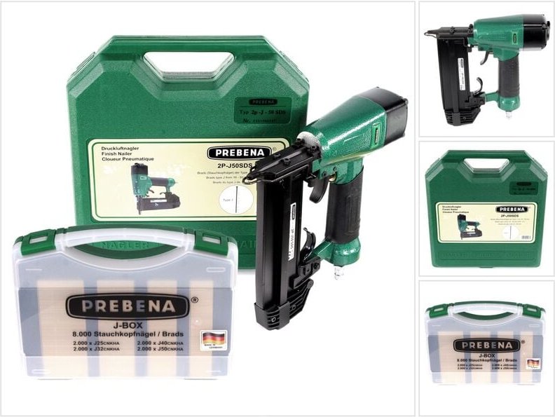 Thumbnail - Prebena 2P-J50SDS Luftdruck Druckluftnagler 5-7 bar im Transportkoffer + Prebena J-BOX 8.000 Stauchkopfnägel