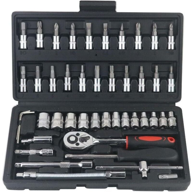 46-teiliger 1/4-Zoll-Antriebssteckschlüsselsatz mit Ratschenschlüsseln, metrischen Stecknüssen und Verlängerungsstange f...