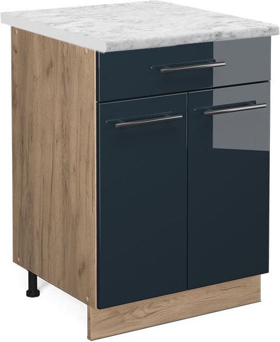 Küchenschränke Fame-Line, Dunkelblau Hochglanz, 60 cm mit Schublade, ap Marmor Vicco