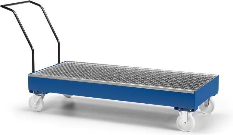 RR Industrietechnik Fahrbare Auffangwanne aus Stahl für 3x 200 Liter Fass mit Gitterrost RAL 5010 enzianblau