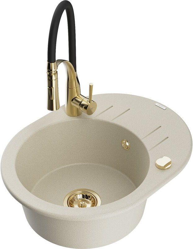 Kevin 1 Becken-Granitspüle mit Abtropffl√§che und Mischbatterie Aster, Beige - 6517-69-73450-57-G - Mexen