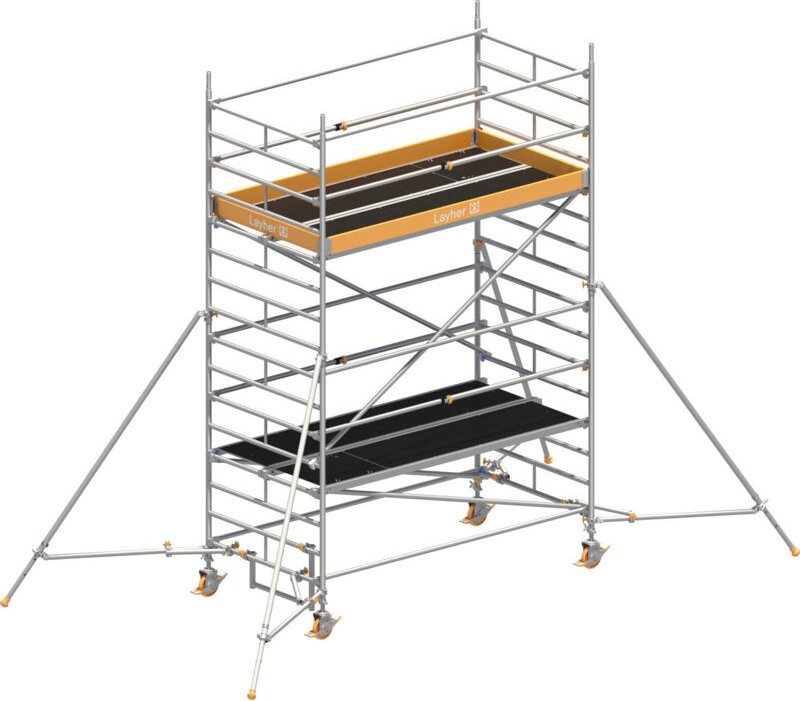 Layher Rollgerüst Uni Breit Sicherheitsaufbau P2 mit Uni Telegeländer und ausziehbaren Gerüststützen 5,20m AH